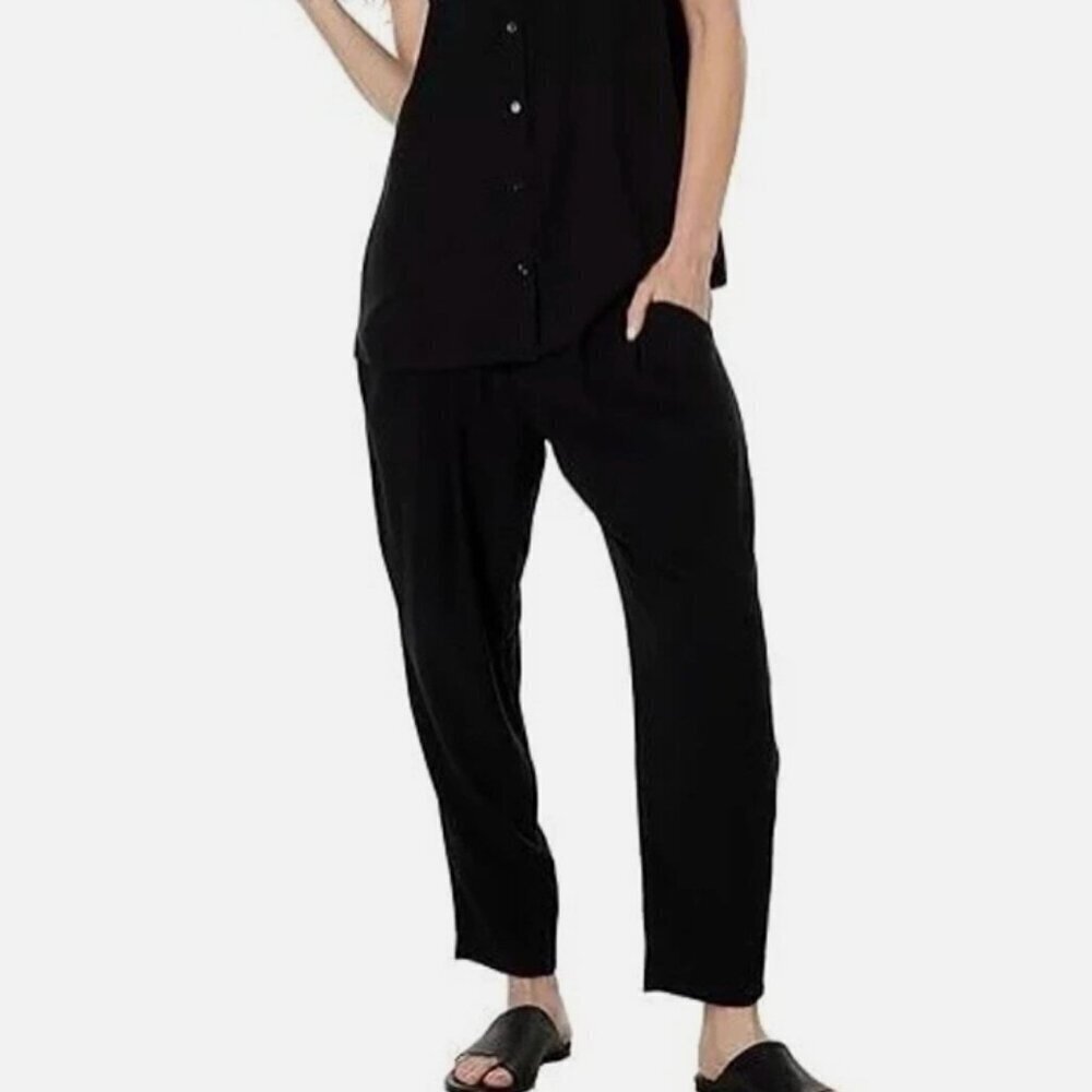 NWT Eileen Fisher petite Silk Georgette Crepe Black Pants Pockets Tapered Ankle